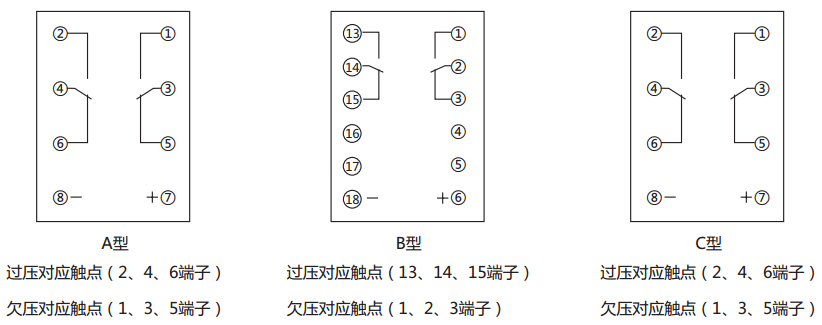 JCDY-2A/B直流電壓繼電器內部接線及外引接線圖(背視圖)
