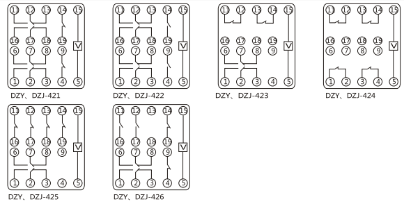 DZY（J)-408導(dǎo)軌式中間繼電器內(nèi)部端子外引接線圖(正視)
